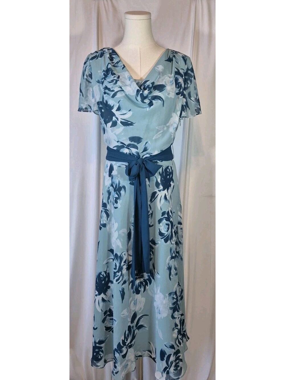 Jacques Vert Cowl Neck Blue Floral Midi Dress NWT Small